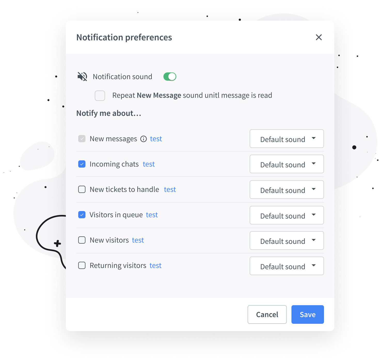 LiveChat notification preferences menu
