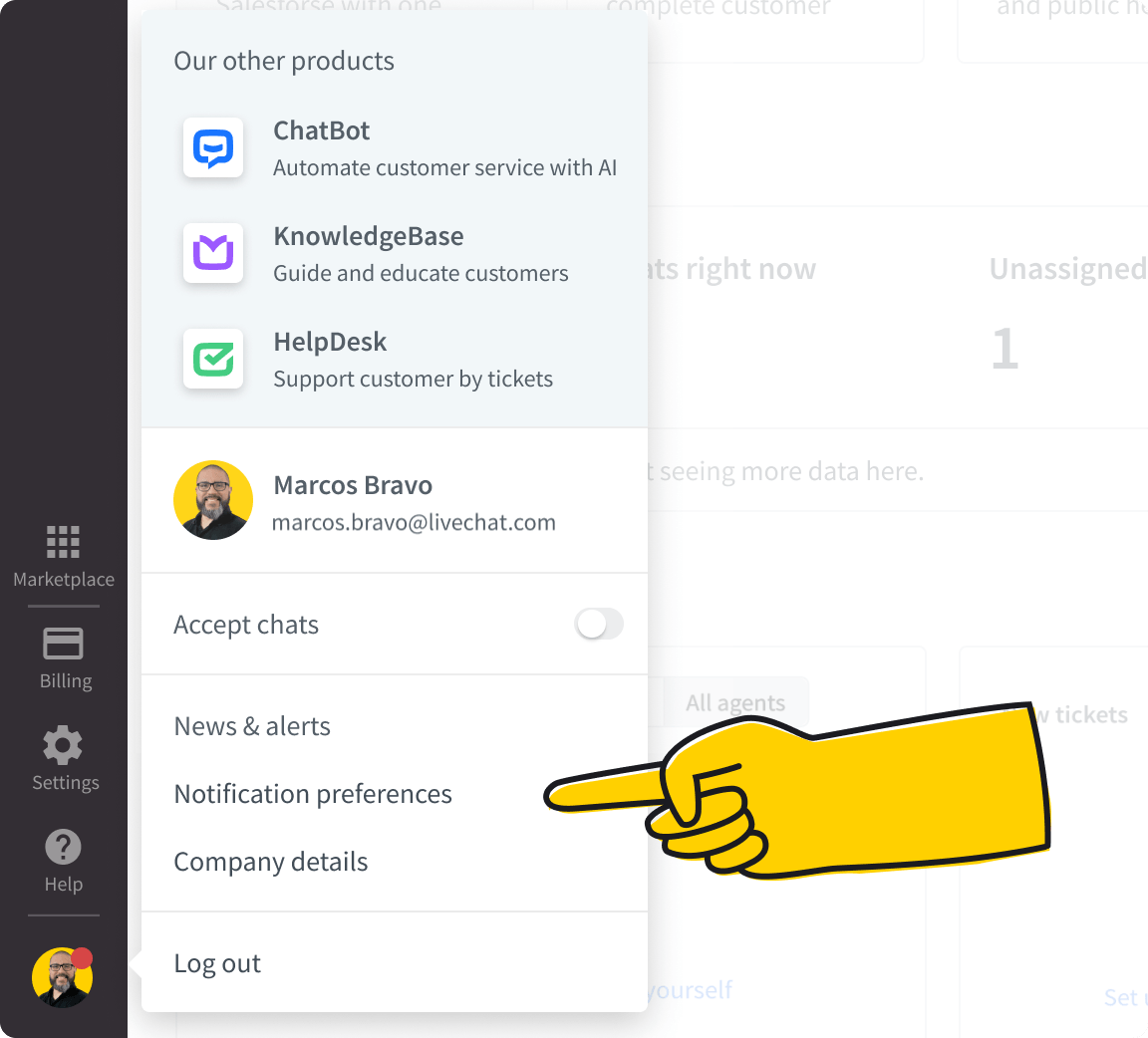 LiveChat notification settings