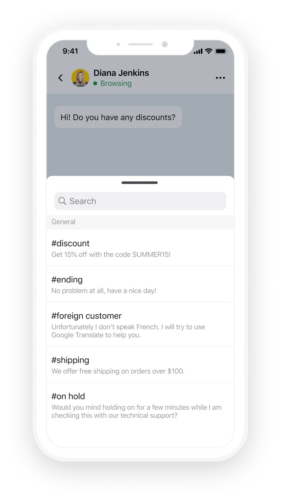 Canned responses interface on LiveChat® iPhone app