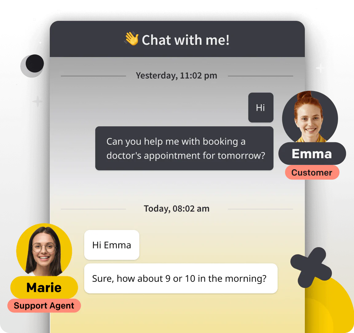 Visualization of asynchronous conversation in LiveChat® widget between website visitor (customer) and company support agent