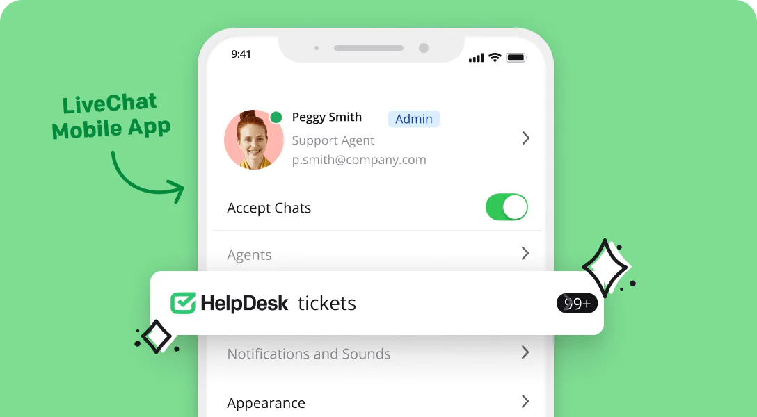 Visualization of HelpDesk tickets management available in the LiveChat® mobile app