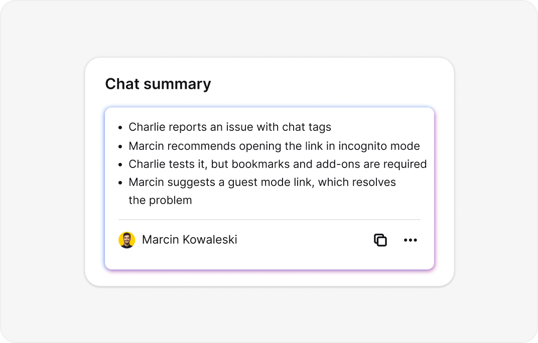 AI-generated conversation summary showing key points from customer chat in Retail LiveChat