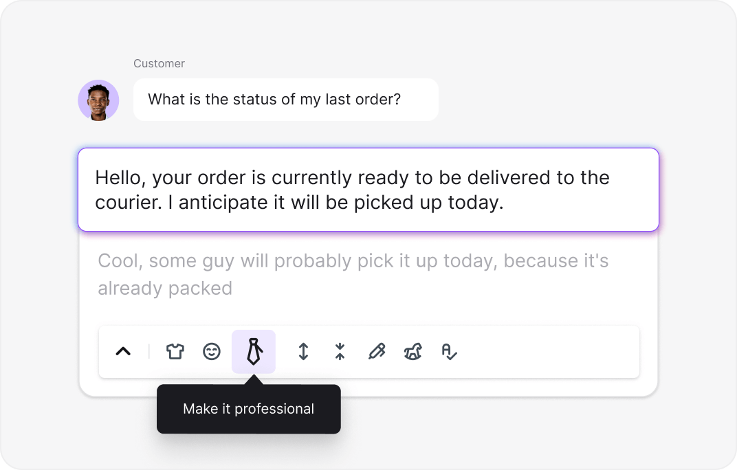 AI text enhancement tool adjusting message tone and style in LiveChat for Retail