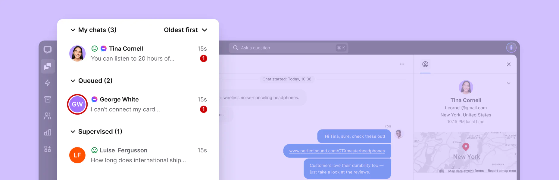 A preview of the chat list in the Chats section inside the LiveChat® agent app.