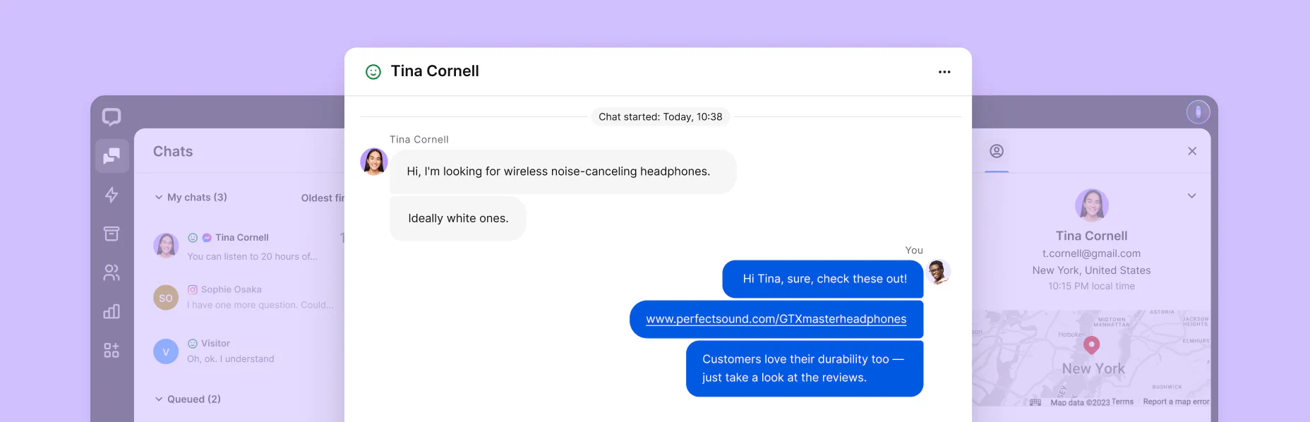 A preview of the chat feed in the Chats section inside the LiveChat® agent app.