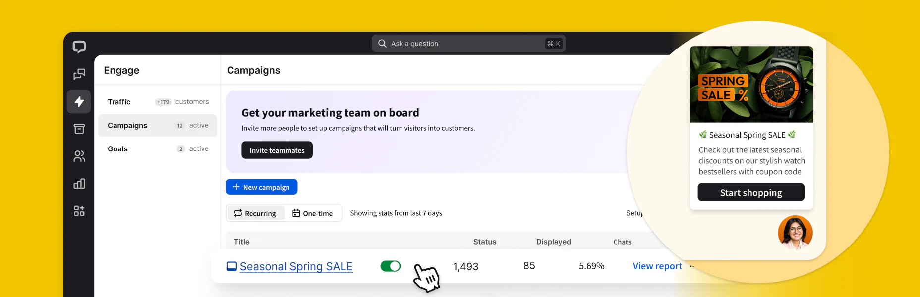A preview of the Campaigns tab in the Engage section of the LiveChat® agent app.