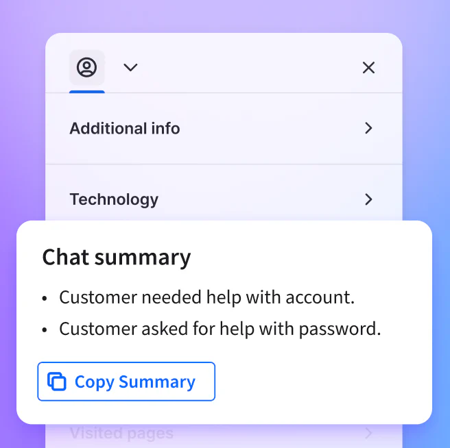 Chat summary feature inside the live chat app reviewing key points from the chat