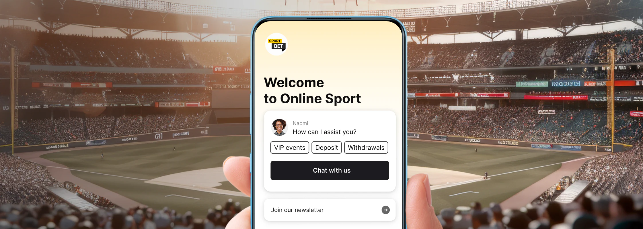 Phone showing LiveChat welcome screen during a live sports event for a customer placing a bet