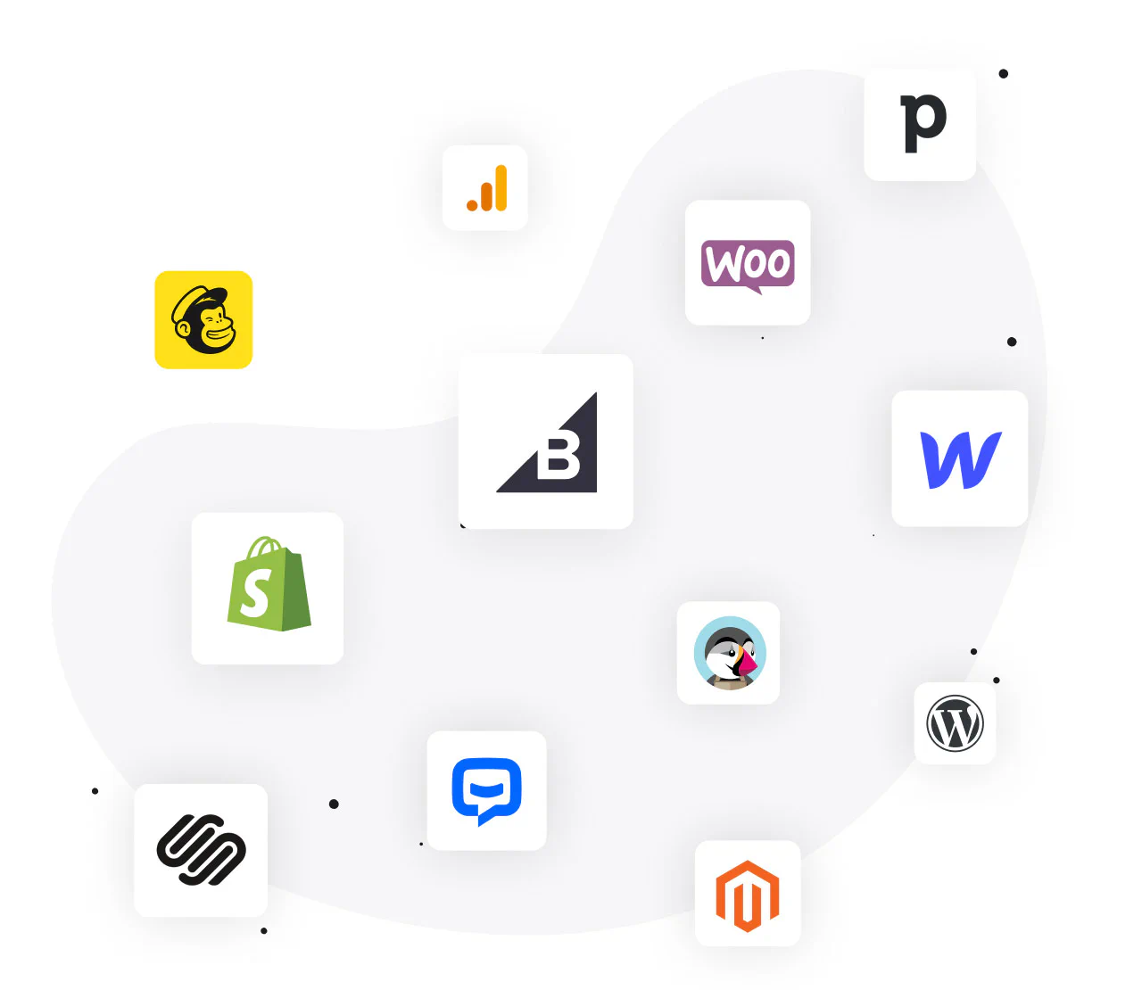 Logos of LiveChat® integrations for ecommerce: Facebook, Shopify, Mailchimp, WordPress, Slack, Google Docs, Hubspot and more